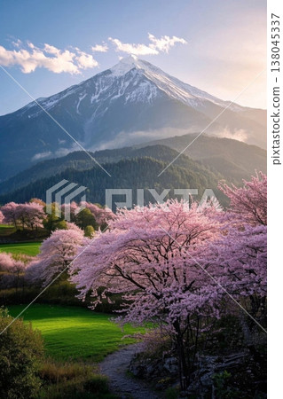 富士山下樱花烂漫 春日雪山下的粉色花海 138045337