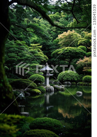 静谧日式庭院的禅意 幽静园林中的古塔倒影 138045339