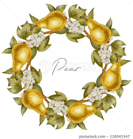 Watercolor botanical wreath featuring ripe pears, white blossoms, and green leaves. Perfect as a frame or logo element for wedding stationery, textile, packaging, and healthy food brands. Watercolor botanical wreath featuring ripe pears, white blossoms, and green leaves. Perfect as a frame or logo element for wedding stationery, textile, packaging, and healthy food brands. 138045347