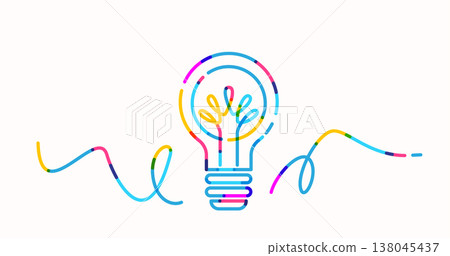 Idea light bulb vector illustration. Colorful dash line art represent creativity, innovation, brainstorming. Minimal concept for business success, bright thoughts. Isolated on white background 138045437
