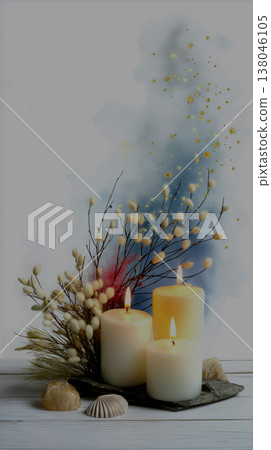 Seaside decor with shells and pampas. Marine inspired candle arrangement with stones and dried florals 138046105