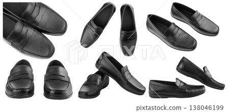 Set men's pair of black moccasins on isolated white background 138046199