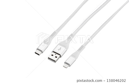 White cable for charging and synchronization with Type - C, USB, Micro USB, Lightning connectors on a white background 138046202
