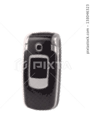 Retro 2000s closed flip phone with screen. Vintage portable cellphone device. Abstract heavy halftone collage pop art vector element for nostalgic tech poster, old generation print or aesthetic zine. Retro 2000s closed flip phone with screen. Vintage portable cellphone device. Abstract heavy halftone collage pop art vector element for nostalgic tech poster, old generation print or aesthetic zine. 138046323
