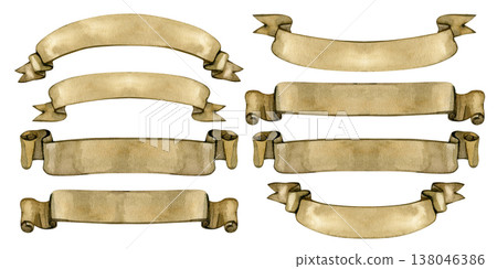 Hand-painted watercolor illustration of vintage parchment banners with curled and fishtail ends. These antique paper scrolls feature realistic aged textures, ideal for heraldic titles and wedding Hand-painted watercolor illustration of vintage parchment banners with curled and fishtail ends. These antique paper scrolls feature realistic aged textures, ideal for heraldic titles and wedding 138046386