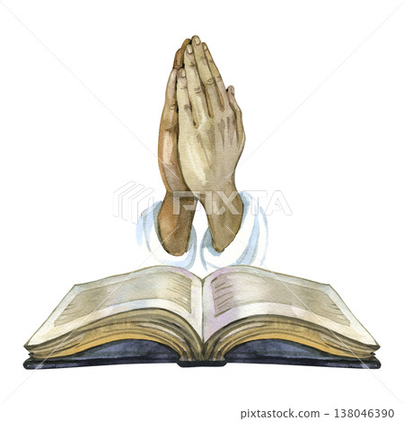 Hand drawn watercolor illustration of praying hands joined in worship above an open holy bible. This spiritual composition is perfect for religious literature, prayer journals, and church Hand drawn watercolor illustration of praying hands joined in worship above an open holy bible. This spiritual composition is perfect for religious literature, prayer journals, and church 138046390