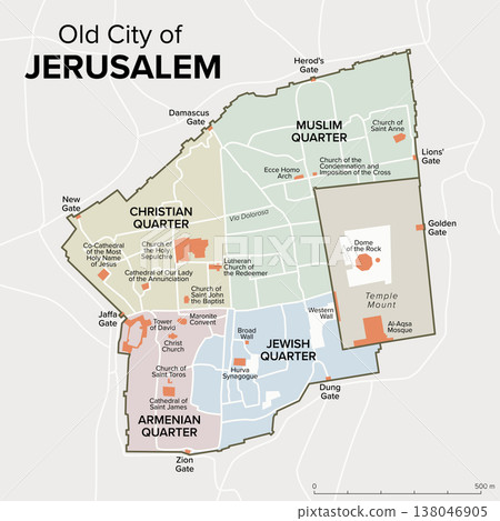 Old City of Jerusalem, political map. Walled area in East Jerusalem, divided into four uneven quarters, the Armenian, Christian, Jewish, and Muslim Quarter, with a fifth area, the Temple Mount. Vector Old City of Jerusalem, political map. Walled area in East Jerusalem, divided into four uneven quarters, the Armenian, Christian, Jewish, and Muslim Quarter, with a fifth area, the Temple Mount. Vector 138046905
