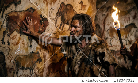 Prehistoric Cave Man Touching Ancient Animal Rock Wall Paintings by Torchlight 138047032