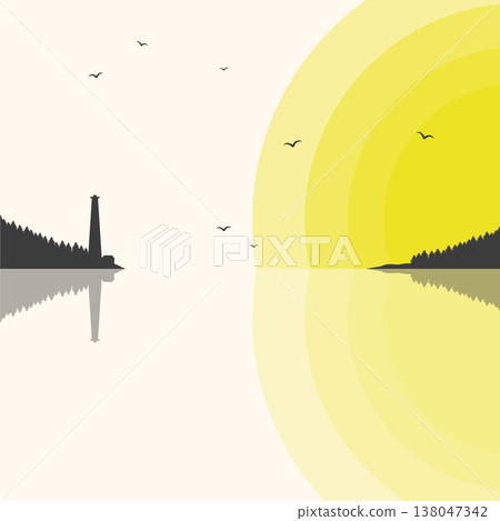 Sunset or sunrise on the beach. Silhouette of lighthouse and tree near the sea. Romantic vector illustration 138047342