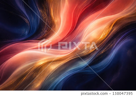 Abstract flowing energy waves with glowing particles in vibrant red blue and gold tones Abstract flowing energy waves with glowing particles in vibrant red blue and gold tones 138047395