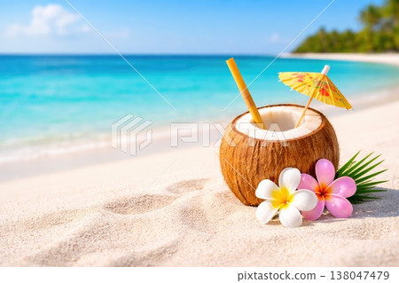 Fresh coconut cocktail with flowers on tropical beach with clear blue water and sunny sky 138047479