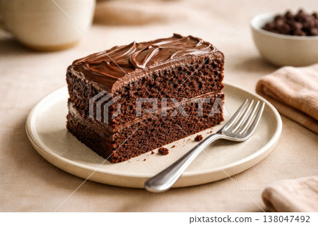 Delicious homemade chocolate layer cake with creamy frosting on plate Delicious homemade chocolate layer cake with creamy frosting on plate 138047492