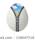 Surreal white egg with metallic zipper opening to reveal a blue sky with clouds 138047518