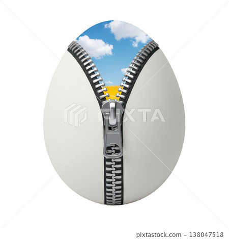 Surreal white egg with metallic zipper opening to reveal a blue sky with clouds 138047518