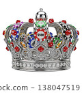 Silver royal crown filled with colorful gambling casino chips and red dice 138047519