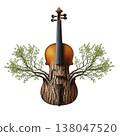 Surreal violin with wood bark texture and green tree branches growing out of it 138047520