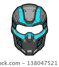 Futuristic tactical scifi mask with neon blue circuit patterns and grey armor plates 138047521
