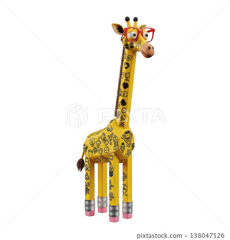 Creative giraffe character with pencil legs and school doodle patterns wearing glasses 138047526