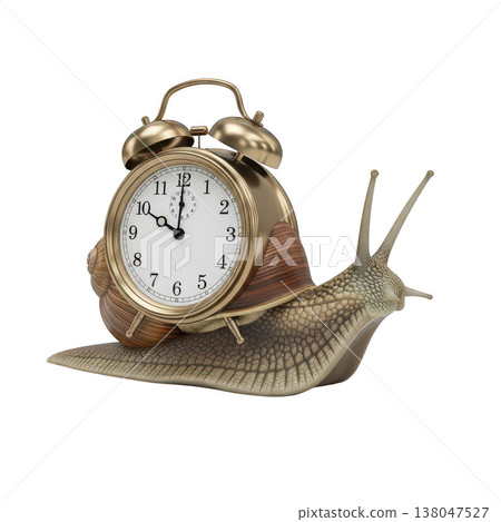 Surreal snail with a vintage golden alarm clock as a shell 138047527