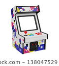Retro arcade machine cabinet with pixel art graphics and joystick 138047529