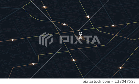 Perspective digital map showing converging glowing navigation paths and destination pin. Vector illustration. Perspective digital map showing converging glowing navigation paths and destination pin. Vector illustration. 138047555