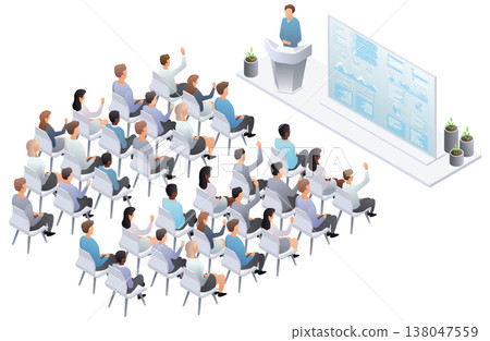 Isometric business conference meeting with speaker presenting financial strategy on screen to large audience participating in seminar. Vector illustration. Isometric business conference meeting with speaker presenting financial strategy on screen to large audience participating in seminar. Vector illustration. 138047559
