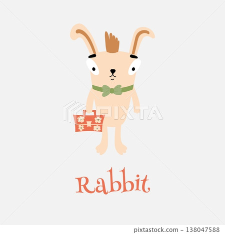 Cute illustration of a rabbit with a suitcase and a bow tie for cards for kids. Vector illustration Cute illustration of a rabbit with a suitcase and a bow tie for cards for kids. Vector illustration 138047588