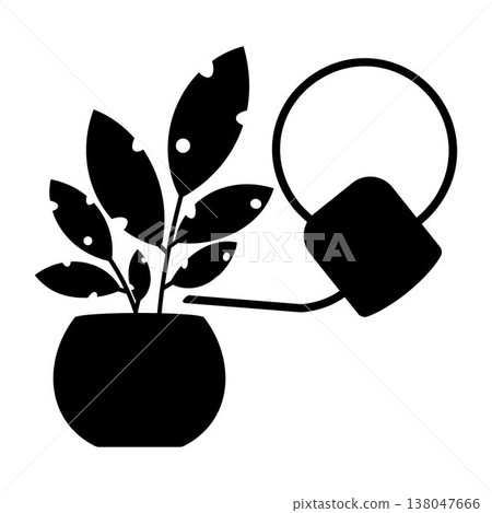 Plant watering illustration with damaged leaves and watering can, care and growth concept, home gardening symbol, nurturing nature and plant health recovery, minimal black silhouette design Plant watering illustration with damaged leaves and watering can, care and growth concept, home gardening symbol, nurturing nature and plant health recovery, minimal black silhouette design 138047666