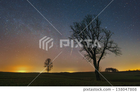 Night landscape panorama with Milky way galaxy and meteor 138047808
