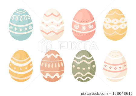Set of cute decorated Easter eggs in pastel colors. Illustration. 138048615