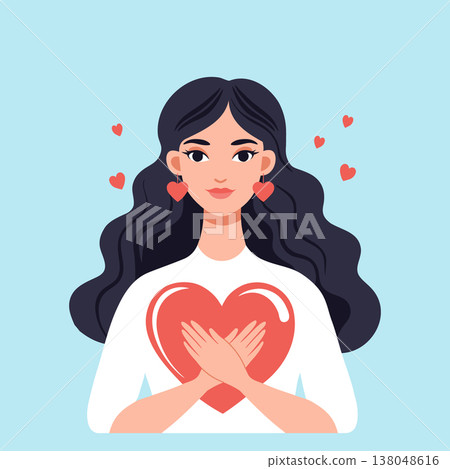 Sweet woman hugging a heart. Concept of love and care. Concept of self-love, mental health, compassion, charity, and positive emotions. Illustration. Sweet woman hugging a heart. Concept of love and care. Concept of self-love, mental health, compassion, charity, and positive emotions. Illustration. 138048616