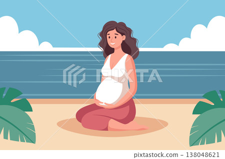 Cute pregnant woman sitting on the beach. Maternity concept, mental and body health wellbeing. Illustration. 138048621