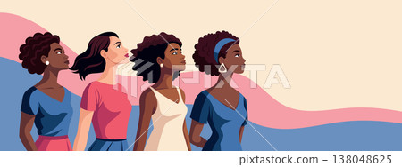 Horizontal banner with women of different nationalities looking up. Feminist, freedom concept. Horizontal banner with women of different nationalities looking up. Feminist, freedom concept. 138048625