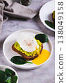 Avocado sandwich with poached egg and spinach on a plate on the table vertical view 138049158