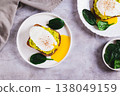 Rye bread with guacamole and poached egg on a plate on the table top view 138049159