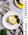 Avocado sandwich with poached egg and spinach on a plate top and vertical view 138049162