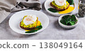 Rye bread with guacamole and poached egg on a plate on the table web banner 138049164