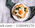 Close up of an egg baked in pieces of bread on a plate on the table top view 138049170