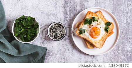 Baked toast with egg and parsley on a plate on the table top view web banner 138049172
