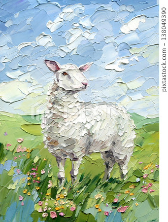 Lamb impasto spring meadow landscape with wildflowers and blue sky textured pastoral animal painting Lamb impasto spring meadow landscape with wildflowers and blue sky textured pastoral animal painting 138049390