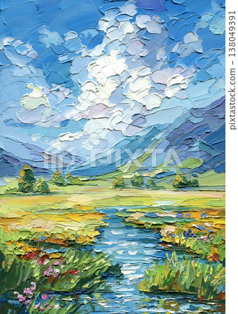 Mountain stream impasto landscape with blue sky clouds and wildflower meadow textured nature painting Mountain stream impasto landscape with blue sky clouds and wildflower meadow textured nature painting 138049391