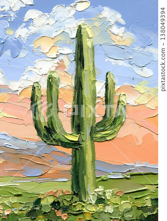 Saguaro cactus impasto desert landscape with pastel sunset sky textured southwest nature painting Saguaro cactus impasto desert landscape with pastel sunset sky textured southwest nature painting 138049394
