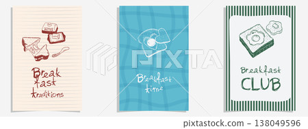 Breakfast toast poster set with fried egg and butter in hand drawn vintage style Breakfast toast poster set with fried egg and butter in hand drawn vintage style 138049596