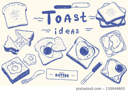 Toast breakfast set with fried egg sandwiches in hand drawn style Toast breakfast set with fried egg sandwiches in hand drawn style 138049605