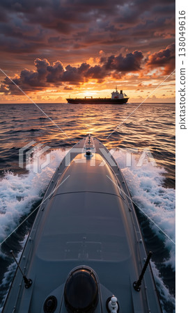 Vertical view from a military autonomous sea drone moving towards a cargo ship at sunset. Logistics concept on the open ocean. Industrial shipping vessel silhouetted against orange sky 138049616