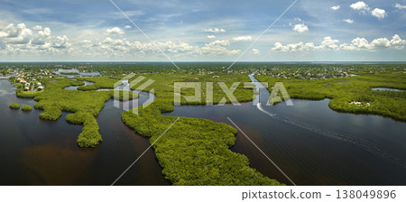 View from above of Florida everglades with green vegetation between ocean water inlets. Natural habitat of many tropical species in wetlands 138049896