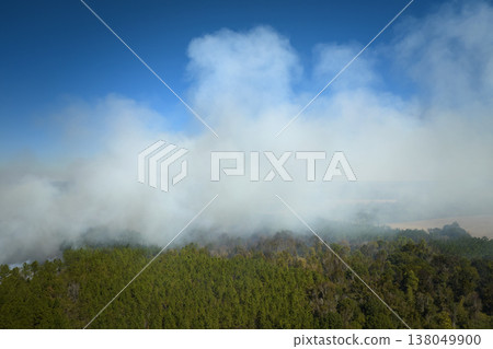 View from above of dense smoke from woodland and field on fire rising up polluting air. Concept of natural disaster View from above of dense smoke from woodland and field on fire rising up polluting air. Concept of natural disaster 138049900