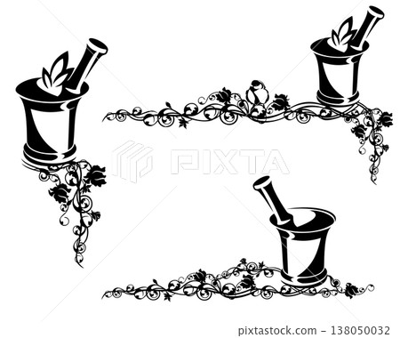 herbal medicine black and white vector border design with mortar, pestle and rose flowers herbal medicine black and white vector border design with mortar, pestle and rose flowers 138050032