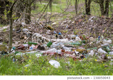 Trash heap in the middle of the forest. Environmental neglect and urgent need for responsible waste disposal. 138050043
