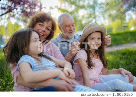 Grandparents spending time with granddaughters in park. Grandparents spending time with granddaughters in park. 138050190